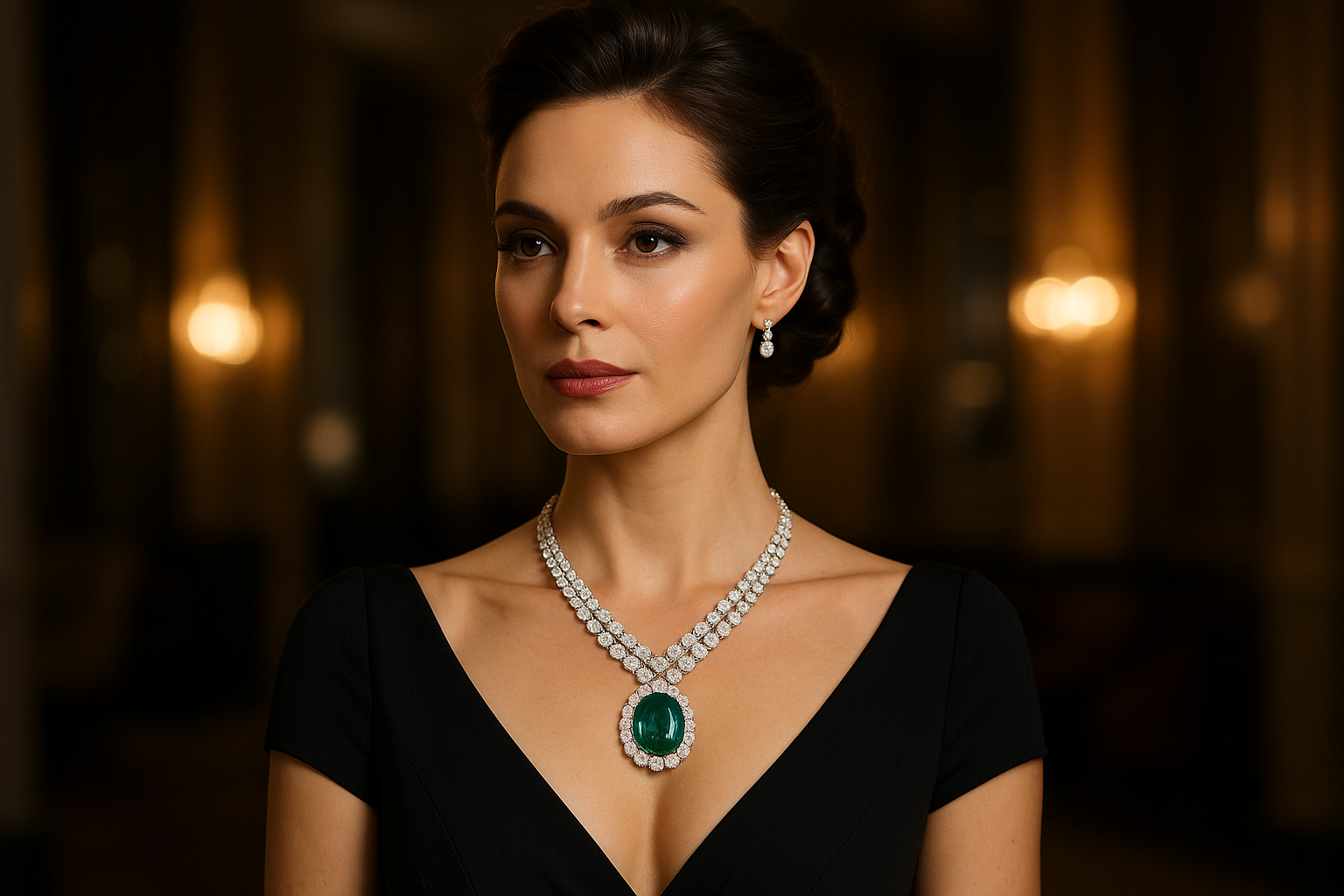 crie uma imagem de uma mulher real elegante com um colar de ouro branco e diamantes de 19 kilates e uma esmeralda no centro de vestido preto de gala e penteado de gala