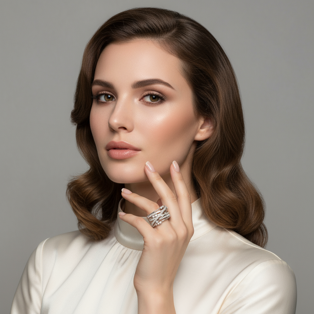 Modelo elegante com mão e anel perto do rosto
